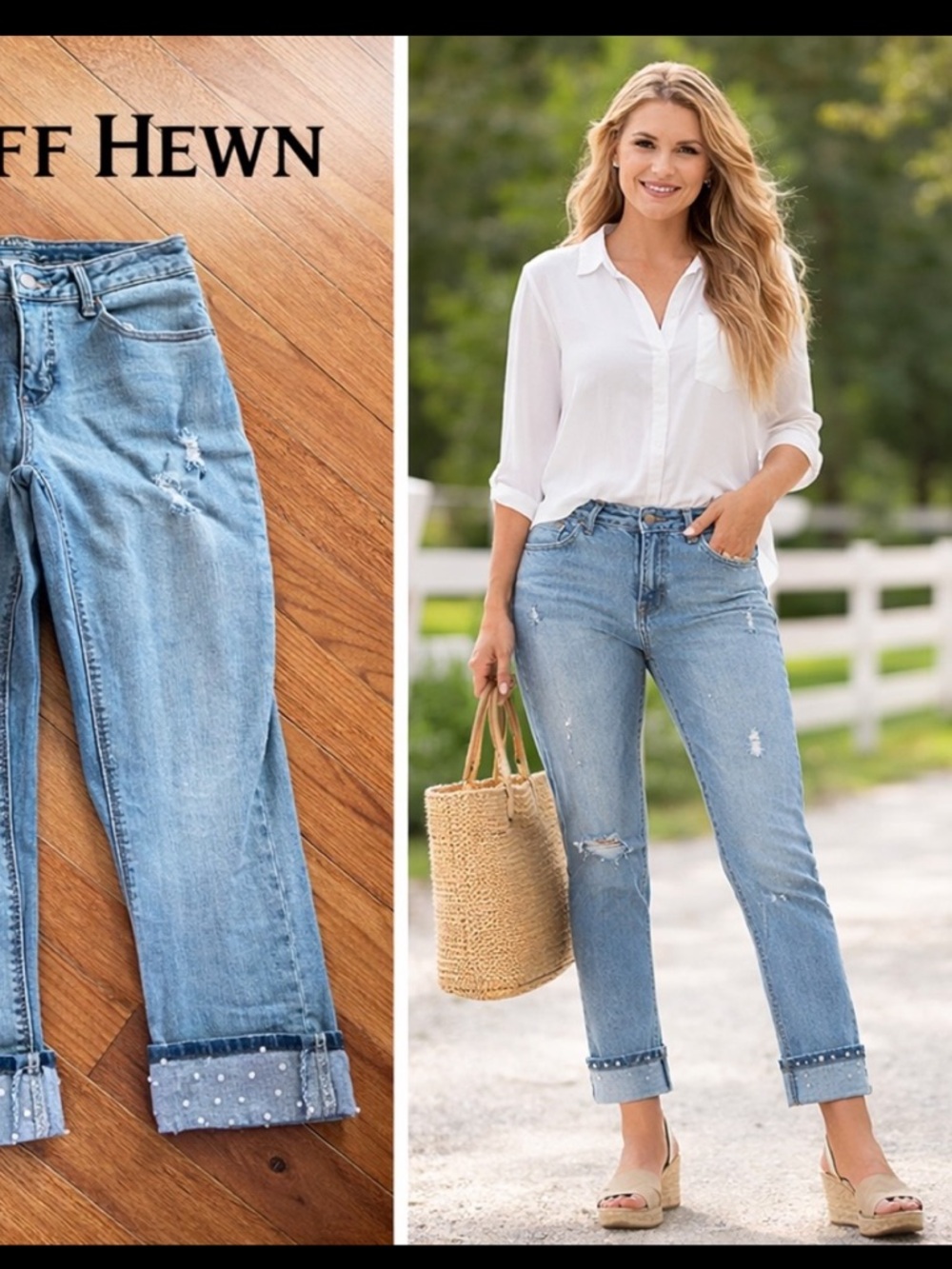 Ruff Hewn Pearl Stud Cuffed Cropped Jeans Distressed Mid-Rise Denim SIZE 6,Chic